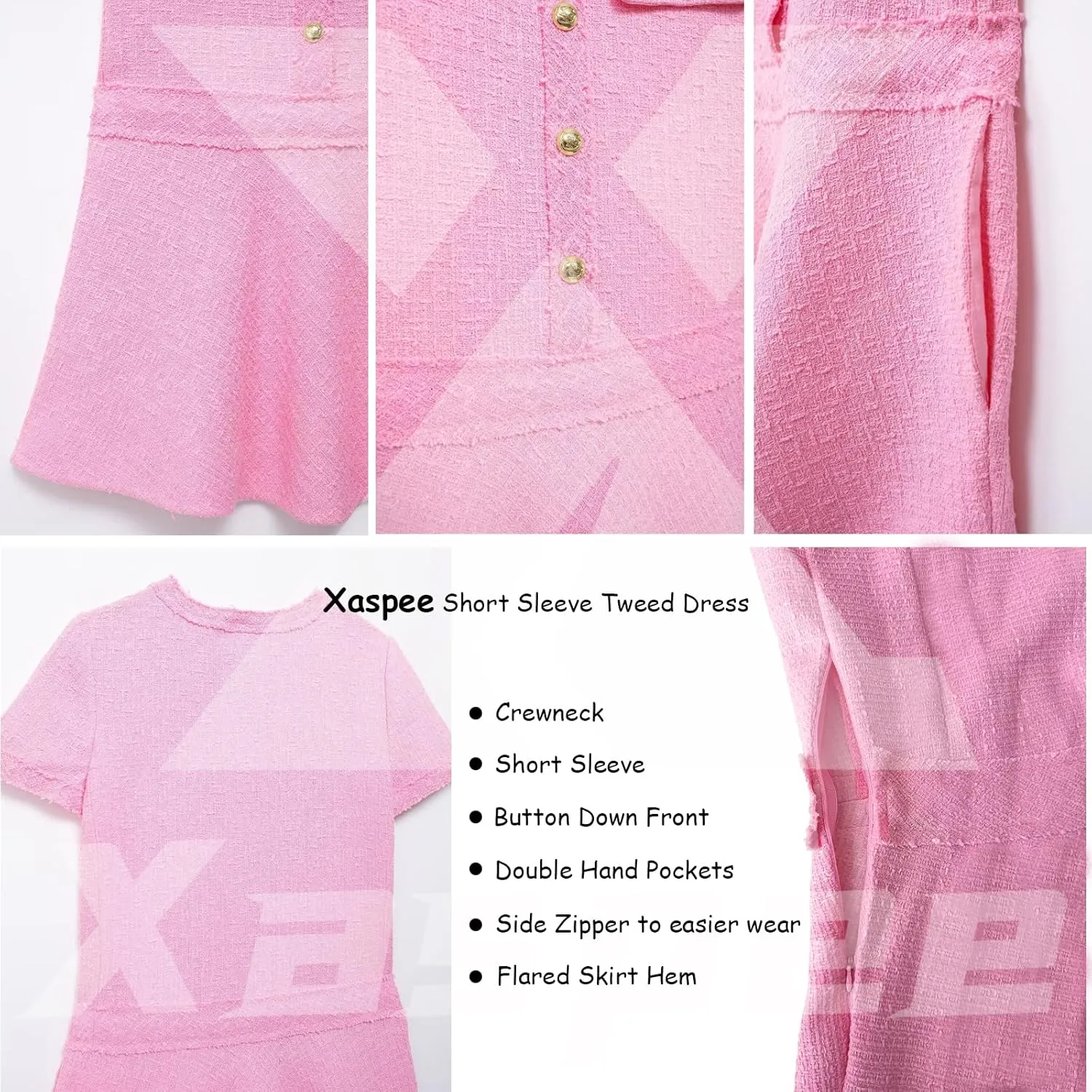Xaspee Women's Short Sleeve Tweed Dress Crewneck Button Down Elegant Casual Textured Mini Dress with Pockets