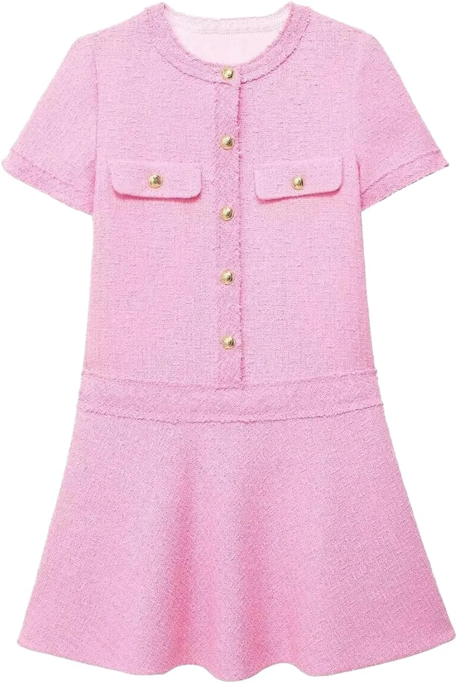 Xaspee Women's Short Sleeve Tweed Dress Crewneck Button Down Elegant Casual Textured Mini Dress with Pockets