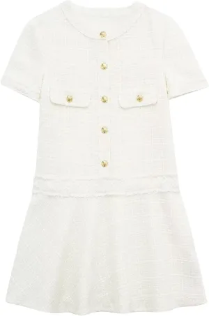 Xaspee Women's Short Sleeve Tweed Dress Crewneck Button Down Elegant Casual Textured Mini Dress with Pockets