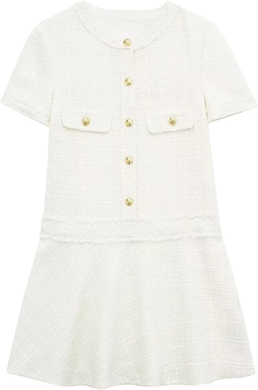 Xaspee Women's Short Sleeve Tweed Dress Crewneck Button Down Elegant Casual Textured Mini Dress with Pockets