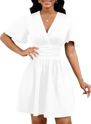 Yajedo Womens Summer Dress 2025 Sexy Deep V Neck Short Sleeve Tie Waist Flowy Swing Mini Beach Short Dress