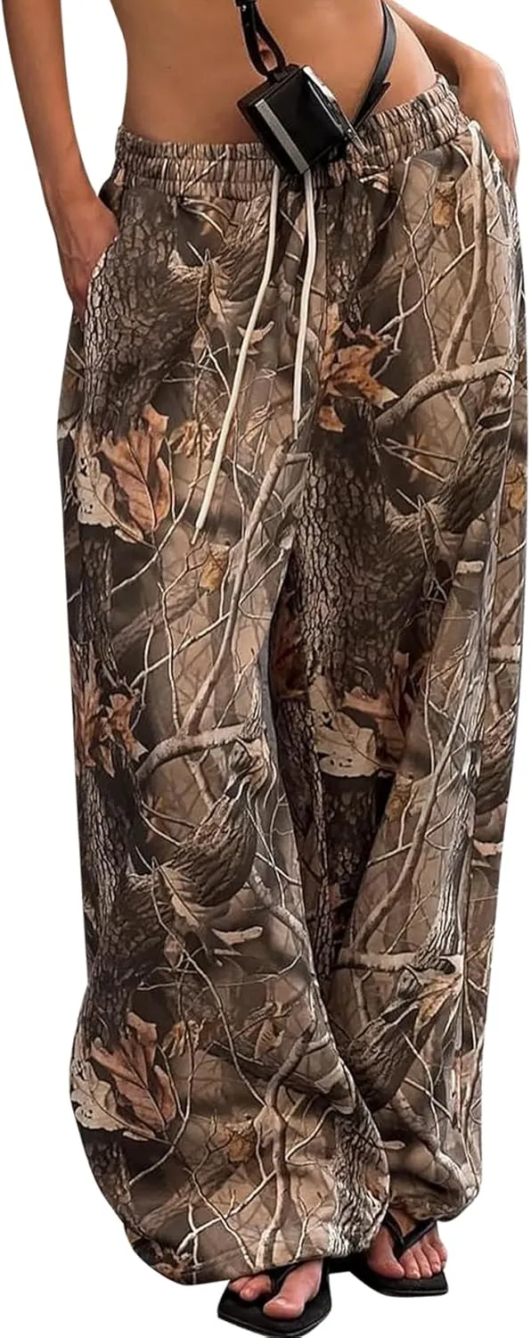 YKR Women's Camo Pants Y2K Camouflage Wide Leg Sweatpants Elastic Waist Drawstring Baggy Joggers with Pockets