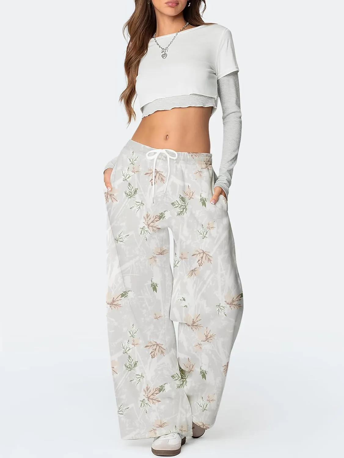 YKR Women's Camo Pants Y2K Camouflage Wide Leg Sweatpants Elastic Waist Drawstring Baggy Joggers with Pockets