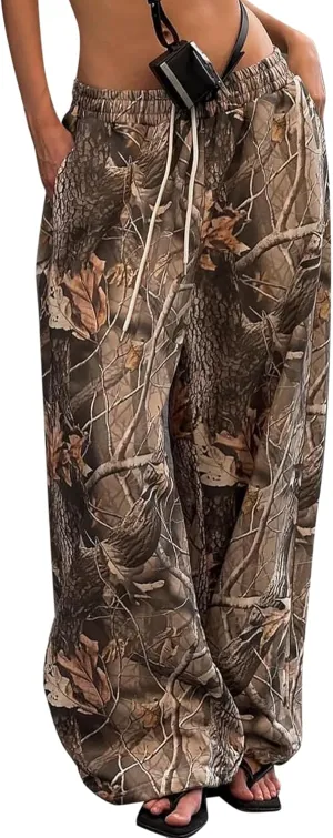 YKR Women's Camo Pants Y2K Camouflage Wide Leg Sweatpants Elastic Waist Drawstring Baggy Joggers with Pockets
