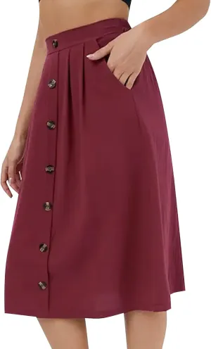 YOLAI Women Button Down Midi Skirt High Waist Pleated Loose Skirt Casual A-Line Business Work Skirts with Pockets