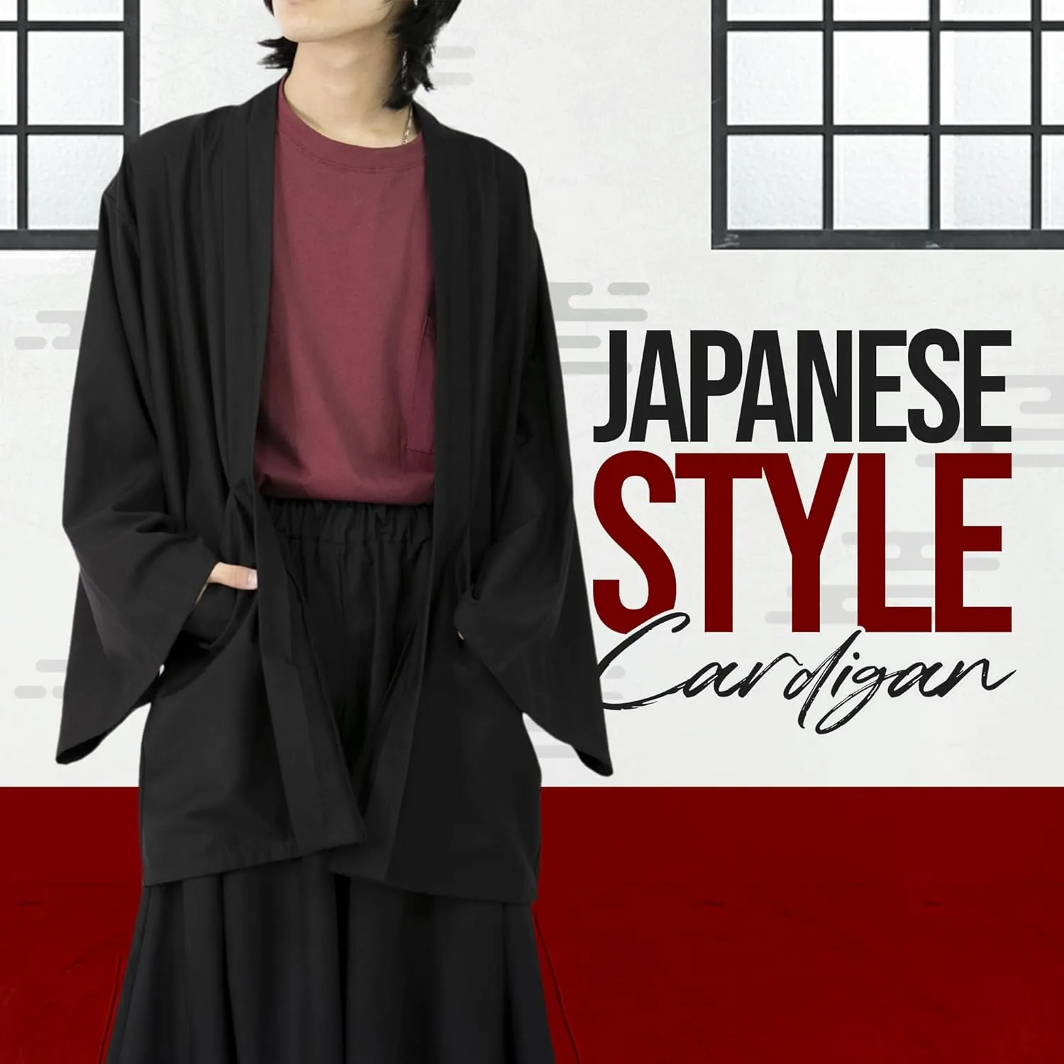 Yukata Men's Unisex Japanese Style Kimono Cardigan Jinbei - Loose Fit Haori, Big Silhouette Mode Fashion, Plain Black
