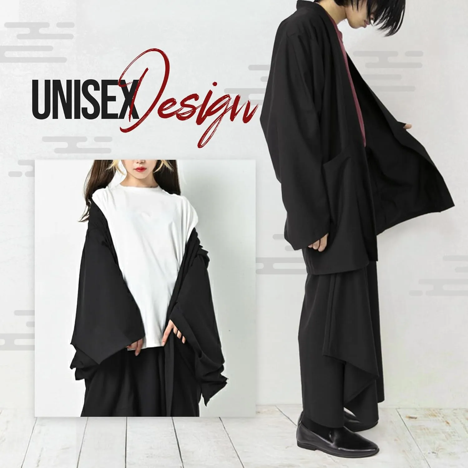 Yukata Men's Unisex Japanese Style Kimono Cardigan Jinbei - Loose Fit Haori, Big Silhouette Mode Fashion, Plain Black