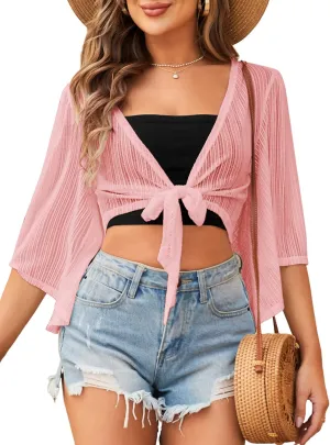 ZAFUL Women's Cropped Bolero Sheer Shrugs for Dress Short Sleeve Tie Front Cardigan
