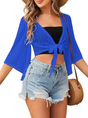 ZAFUL Women's Cropped Bolero Sheer Shrugs for Dress Short Sleeve Tie Front Cardigan