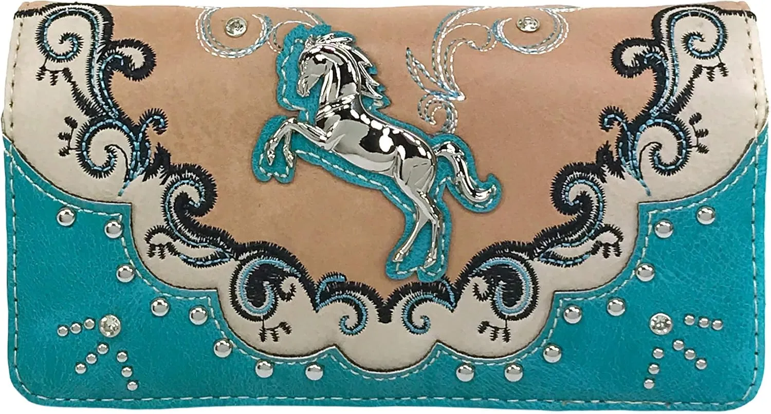 Zelris Western Mustang Horse Turquoise Women Crossbody Wrist Trifold Wallet