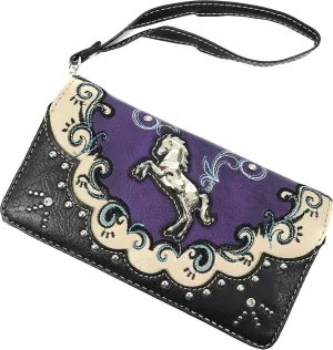 Zelris Western Mustang Horse Turquoise Women Crossbody Wrist Trifold Wallet