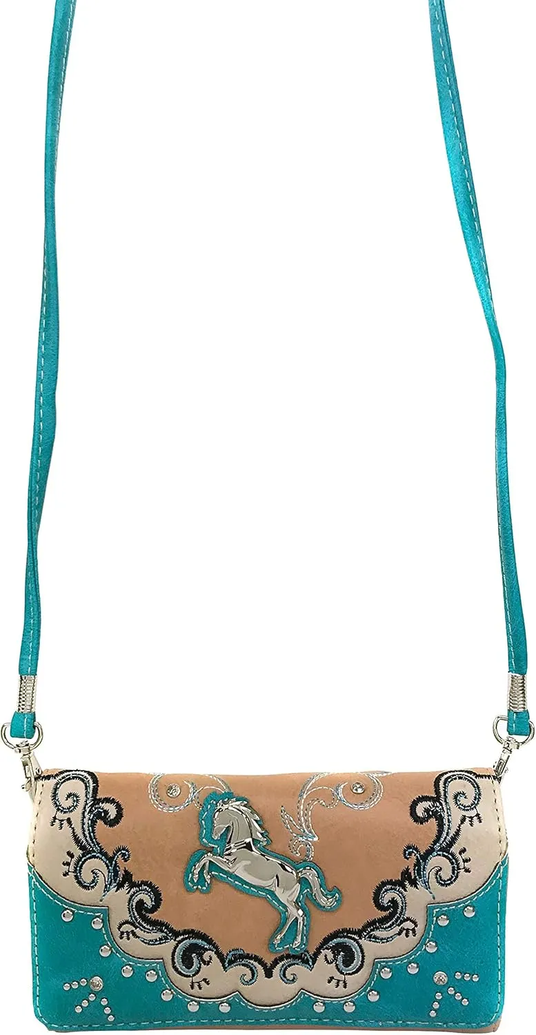 Zelris Western Mustang Horse Turquoise Women Crossbody Wrist Trifold Wallet