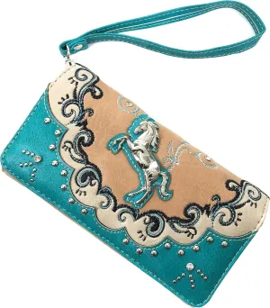 Zelris Western Mustang Horse Turquoise Women Crossbody Wrist Trifold Wallet