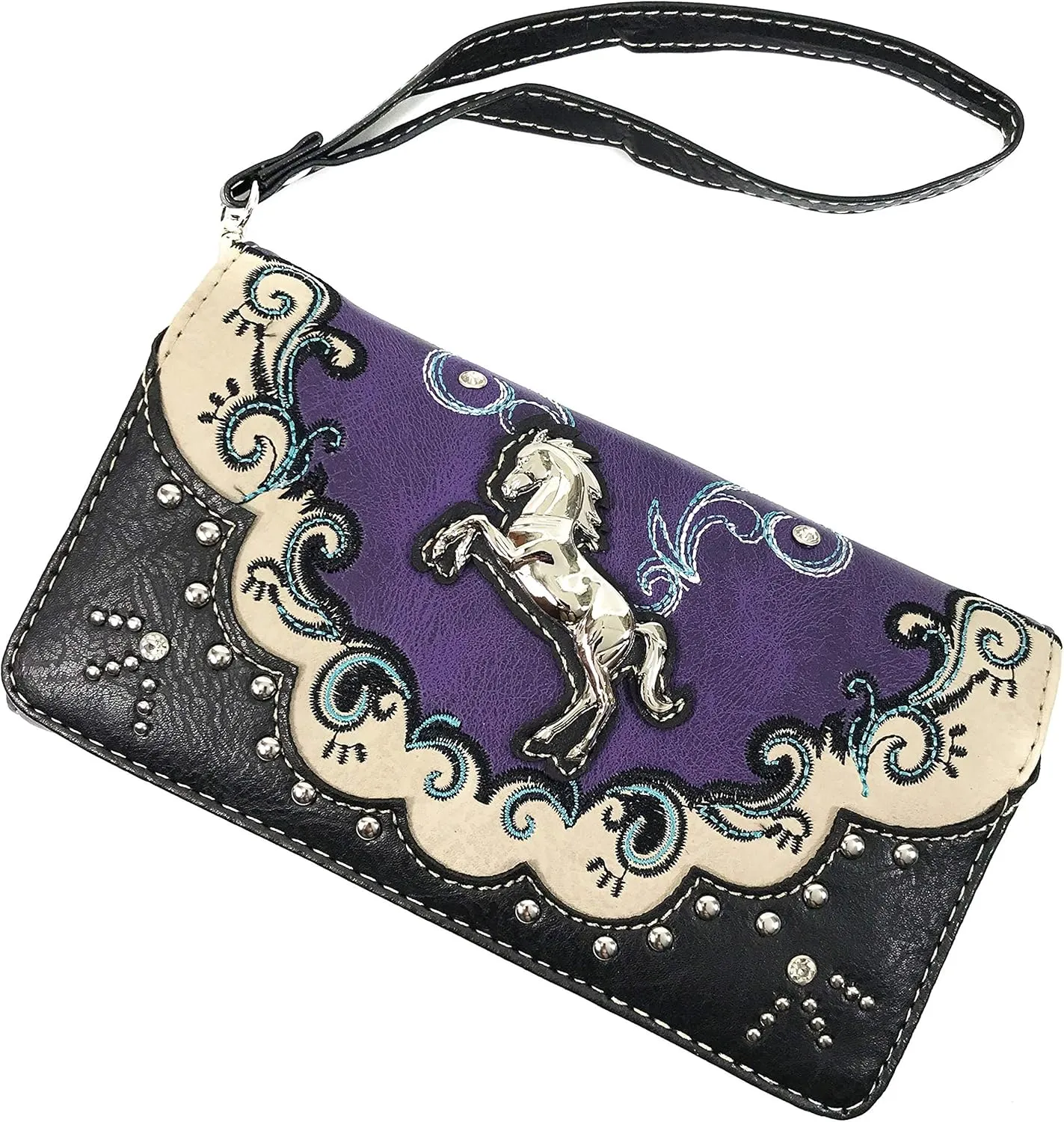 Zelris Western Mustang Horse Turquoise Women Crossbody Wrist Trifold Wallet