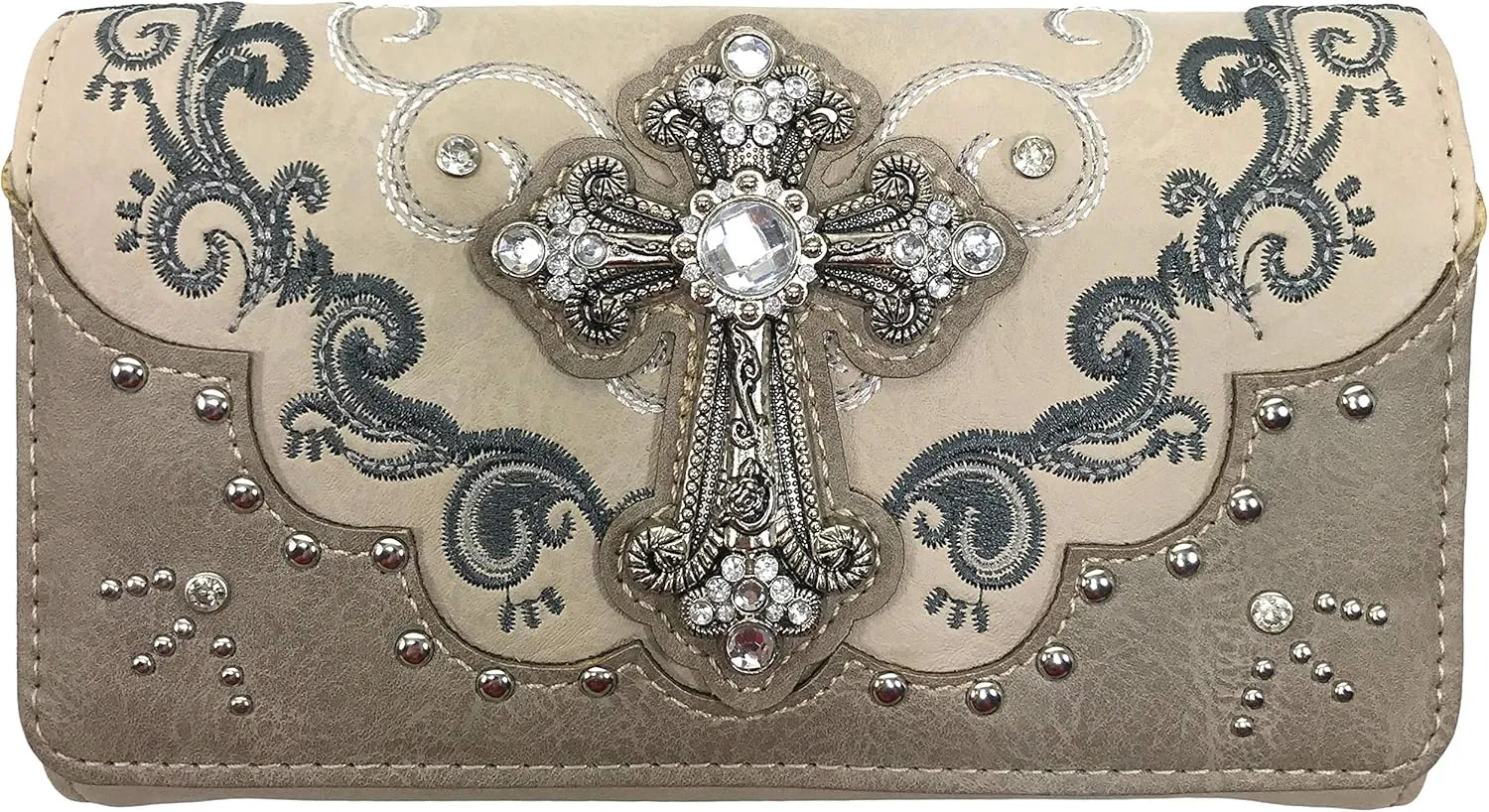 Zelris Western Silver Cross Turquoise Women Crossbody Wrist Trifold Wallet