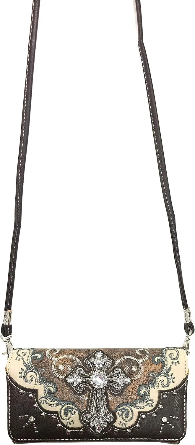 Zelris Western Silver Cross Turquoise Women Crossbody Wrist Trifold Wallet