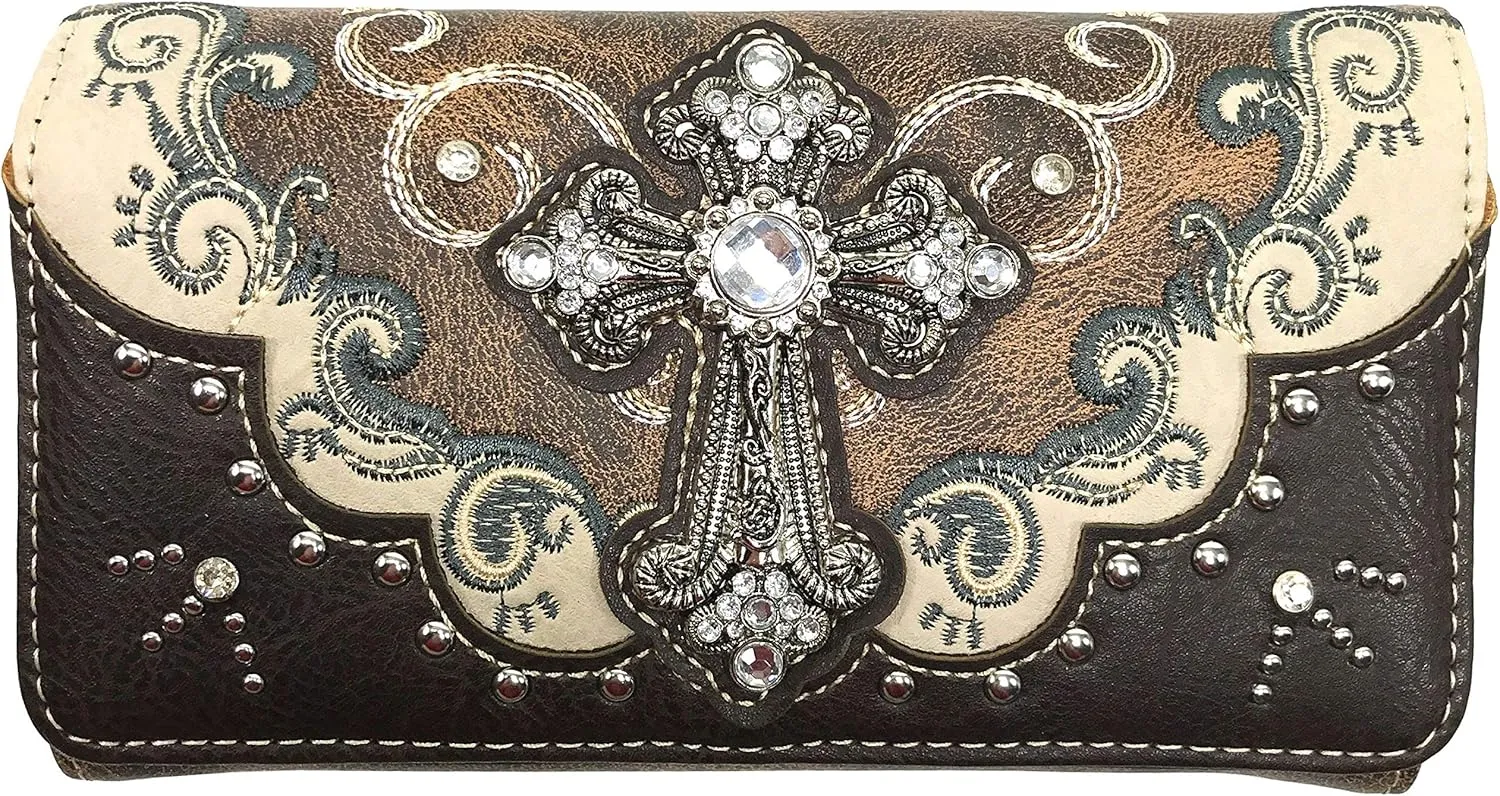 Zelris Western Silver Cross Turquoise Women Crossbody Wrist Trifold Wallet