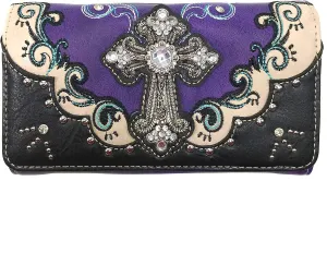 Zelris Western Silver Cross Turquoise Women Crossbody Wrist Trifold Wallet