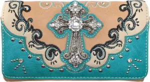 Zelris Western Silver Cross Turquoise Women Crossbody Wrist Trifold Wallet