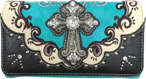 Zelris Western Silver Cross Turquoise Women Crossbody Wrist Trifold Wallet