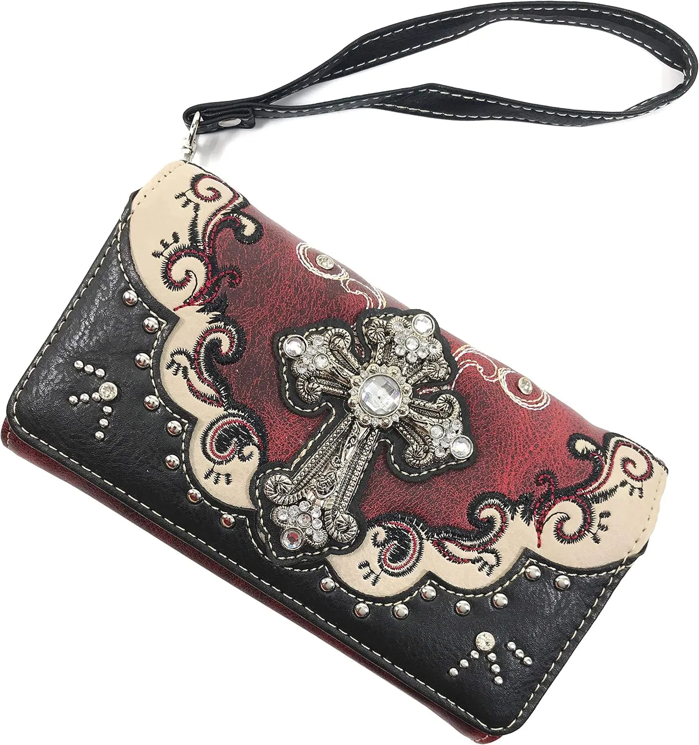 Zelris Western Silver Cross Turquoise Women Crossbody Wrist Trifold Wallet