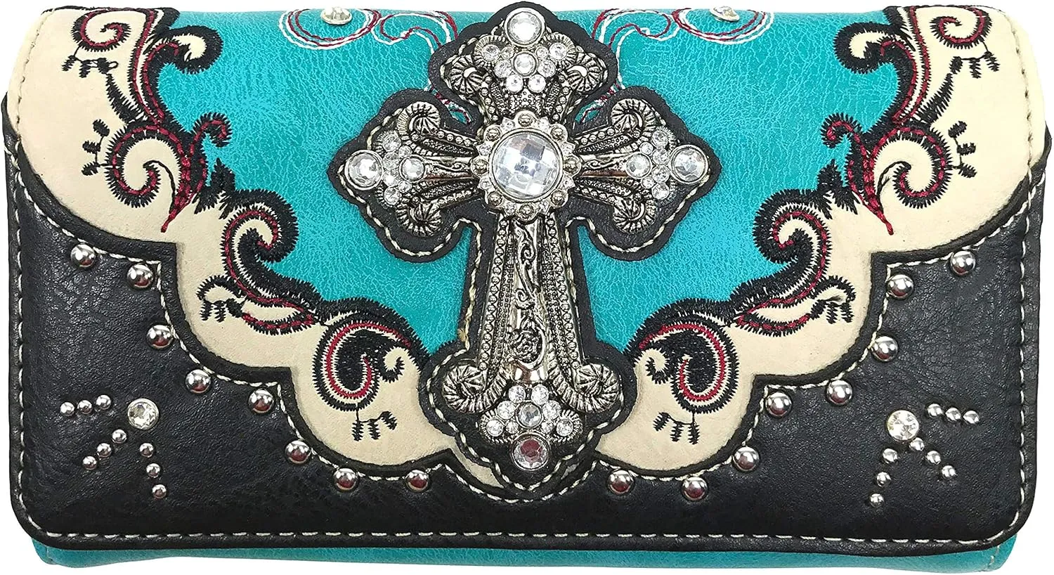 Zelris Western Silver Cross Turquoise Women Crossbody Wrist Trifold Wallet