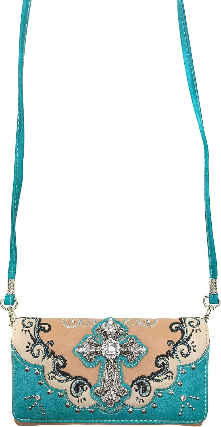 Zelris Western Silver Cross Turquoise Women Crossbody Wrist Trifold Wallet