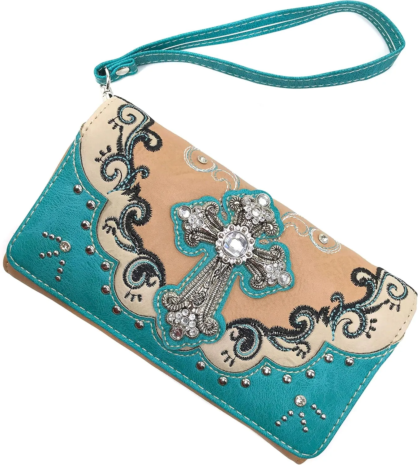 Zelris Western Silver Cross Turquoise Women Crossbody Wrist Trifold Wallet