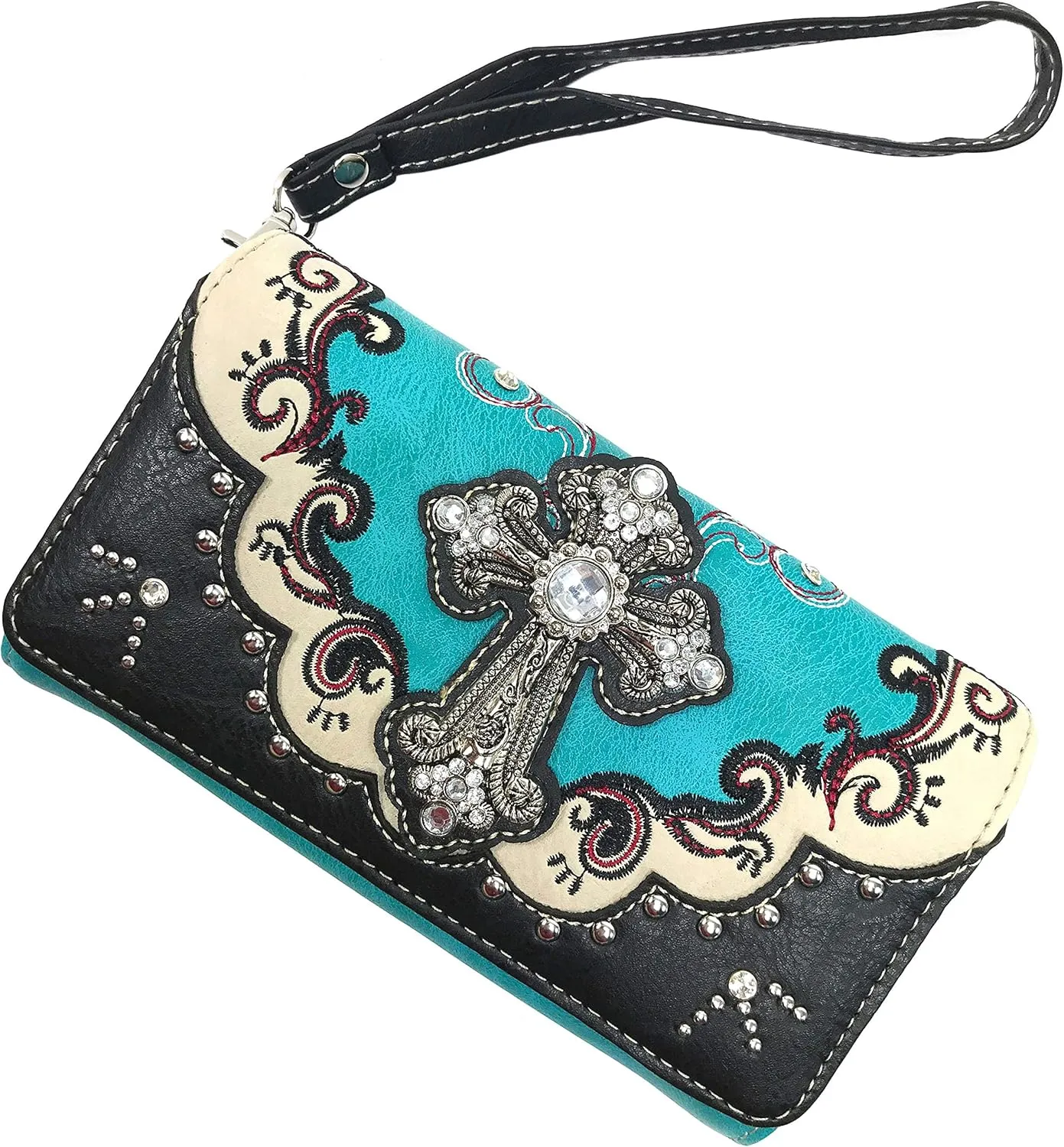 Zelris Western Silver Cross Turquoise Women Crossbody Wrist Trifold Wallet