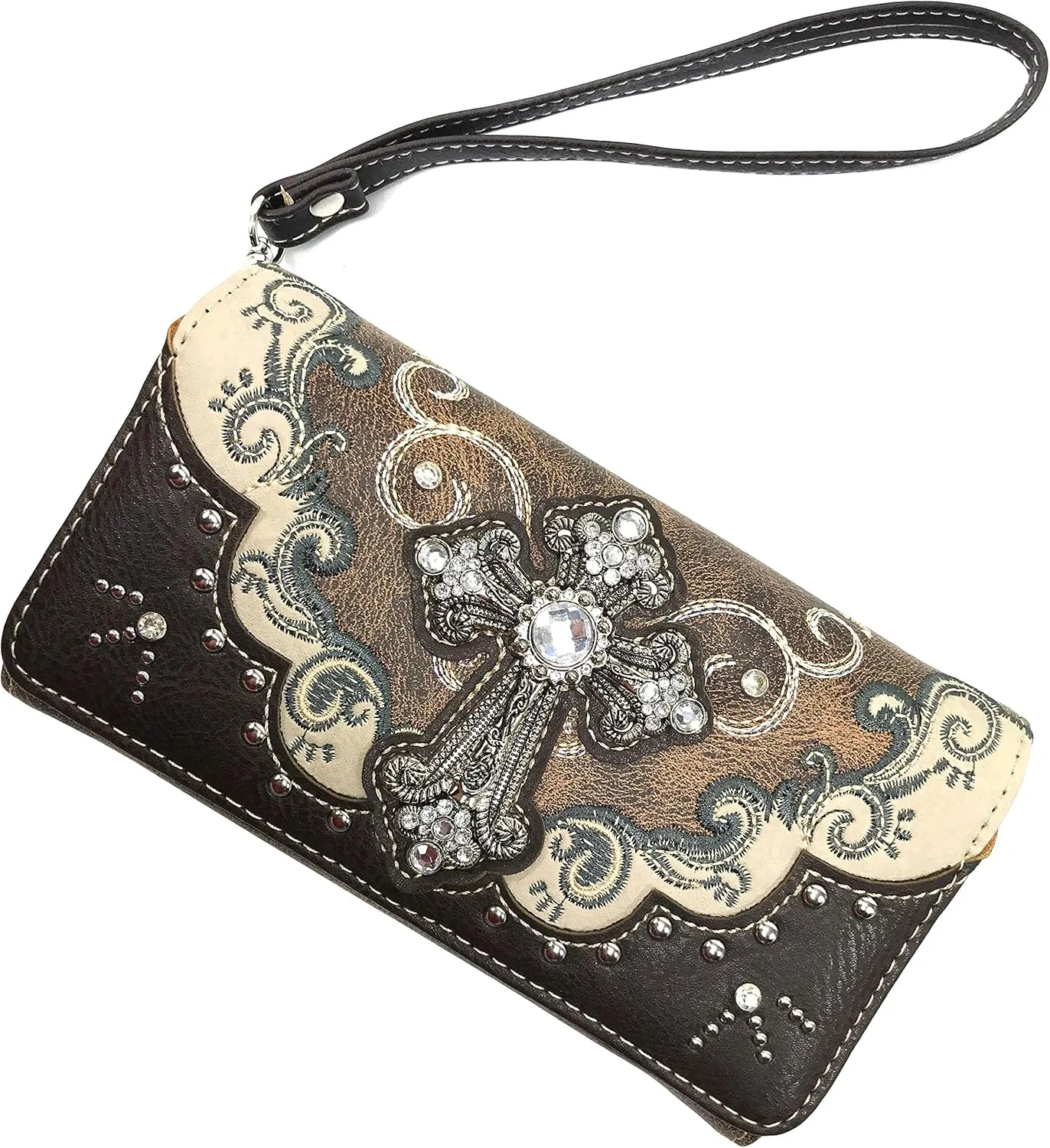 Zelris Western Silver Cross Turquoise Women Crossbody Wrist Trifold Wallet
