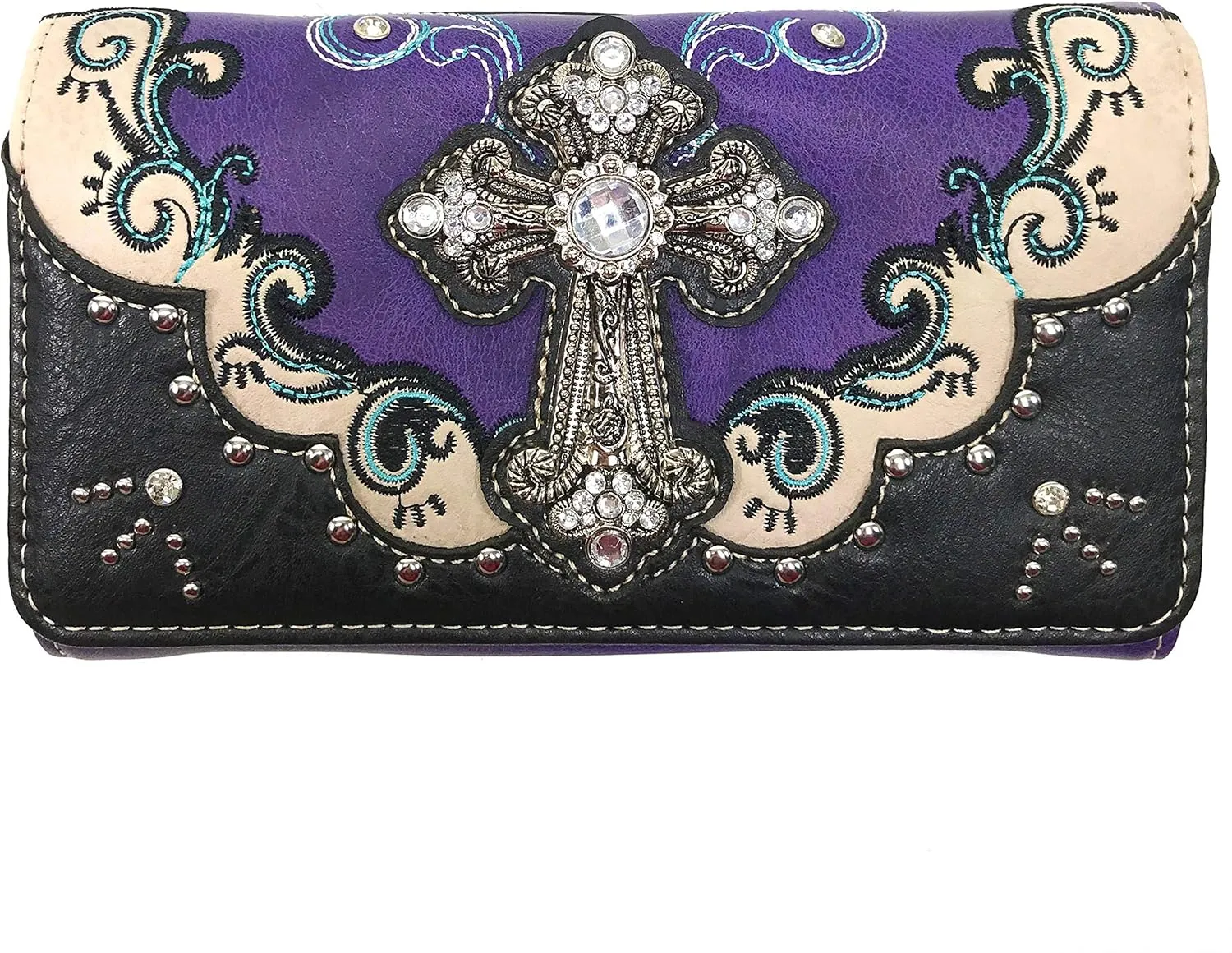 Zelris Western Silver Cross Turquoise Women Crossbody Wrist Trifold Wallet