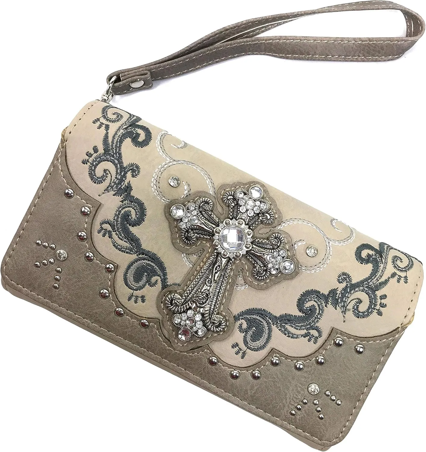 Zelris Western Silver Cross Turquoise Women Crossbody Wrist Trifold Wallet