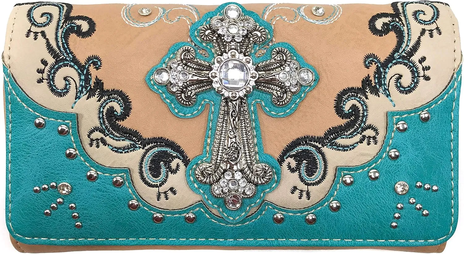 Zelris Western Silver Cross Turquoise Women Crossbody Wrist Trifold Wallet