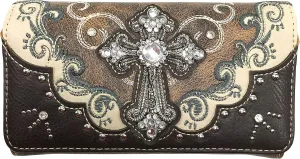 Zelris Western Silver Cross Turquoise Women Crossbody Wrist Trifold Wallet