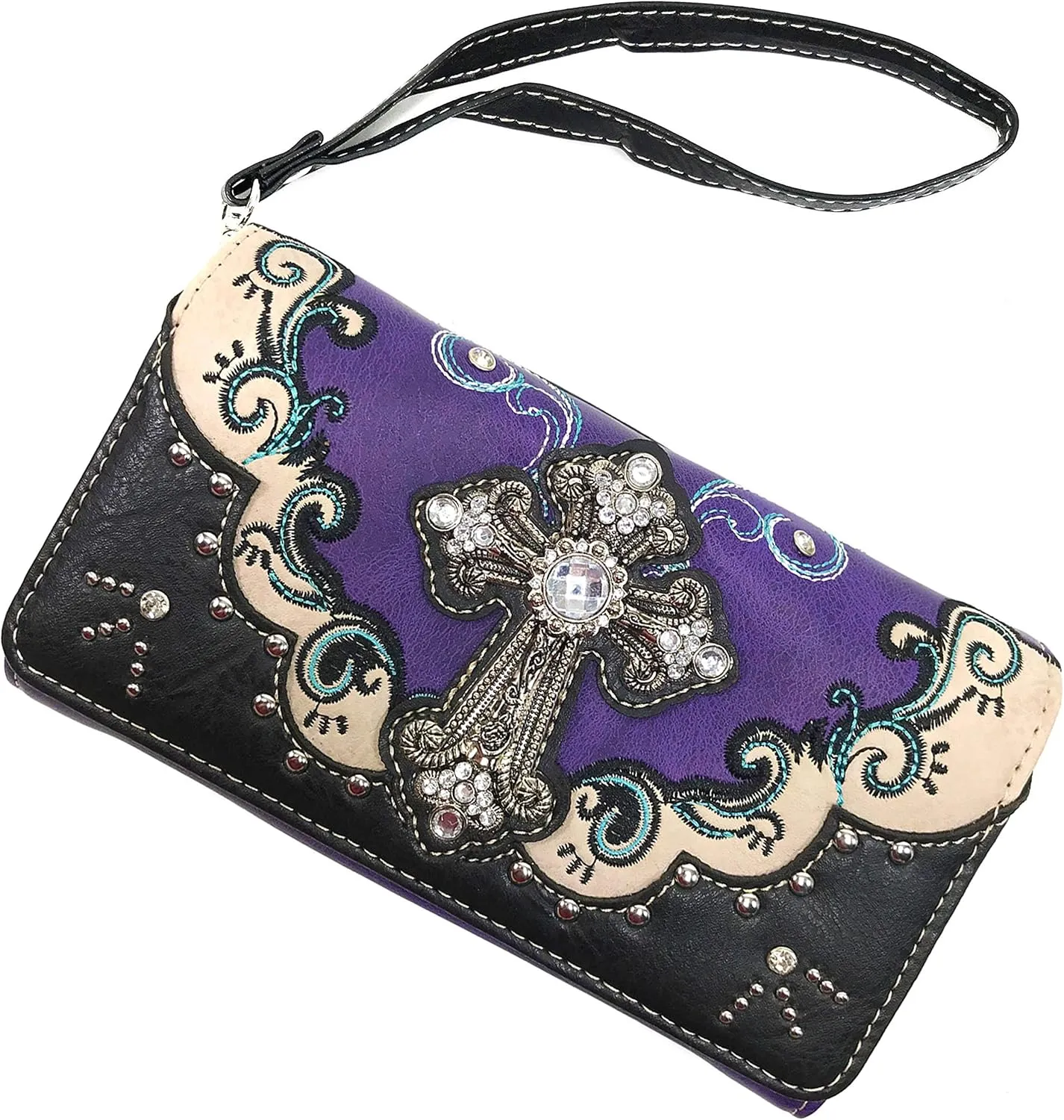 Zelris Western Silver Cross Turquoise Women Crossbody Wrist Trifold Wallet