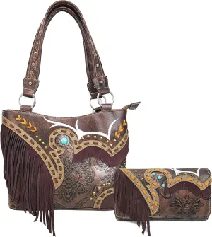 Zelris Women Tote Handbag Wallet Set Turquoise Concho Suede Fringe Two Tone Cowgirl Concealed Carry Purse
