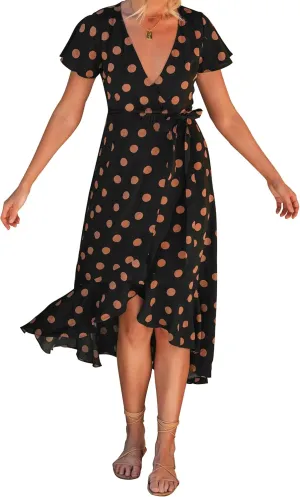ZESICA Women's Summer Bohemian Floral Printed Wrap V Neck Beach Party Flowy Ruffle Midi Dress