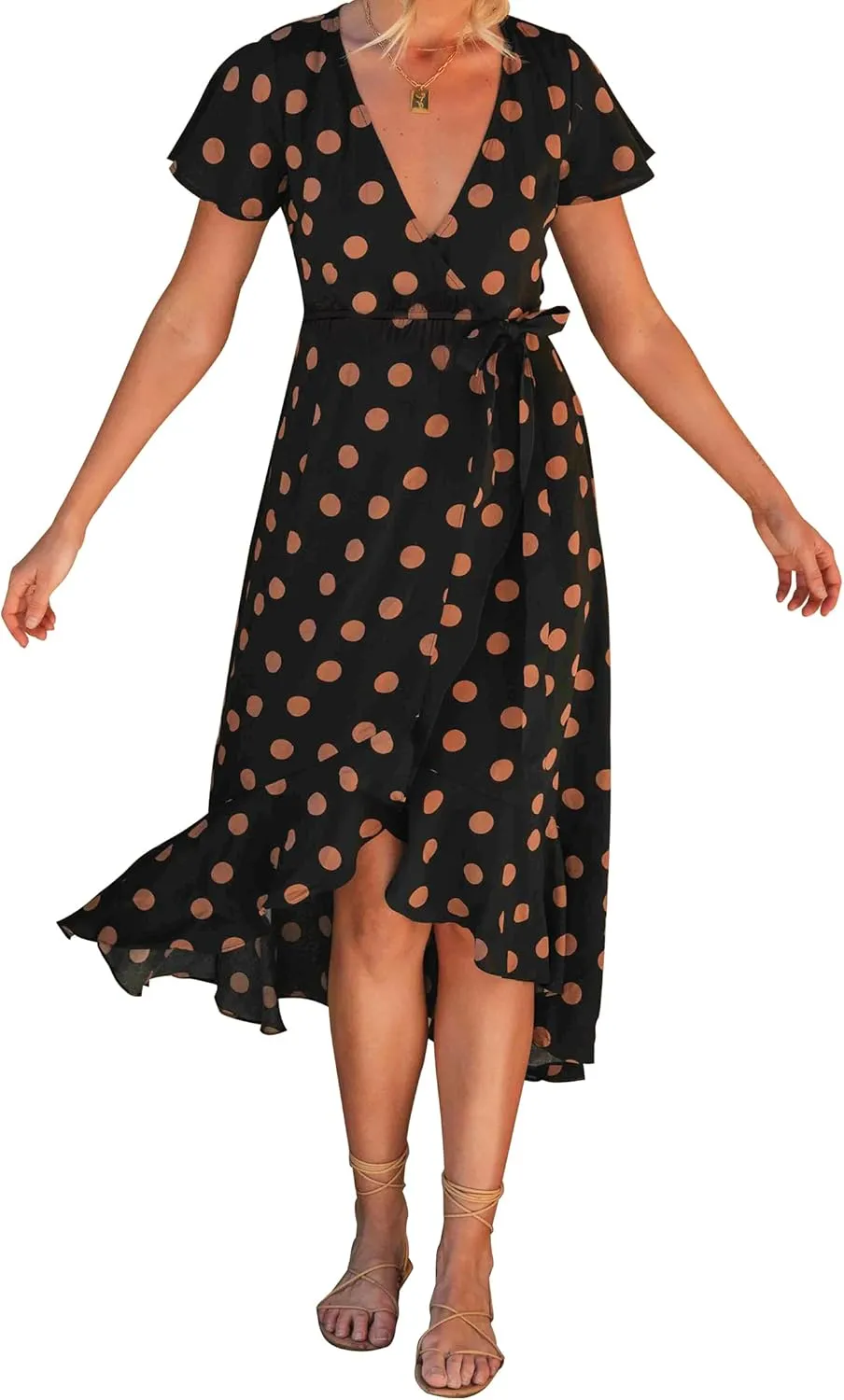 ZESICA Women's Summer Bohemian Floral Printed Wrap V Neck Beach Party Flowy Ruffle Midi Dress