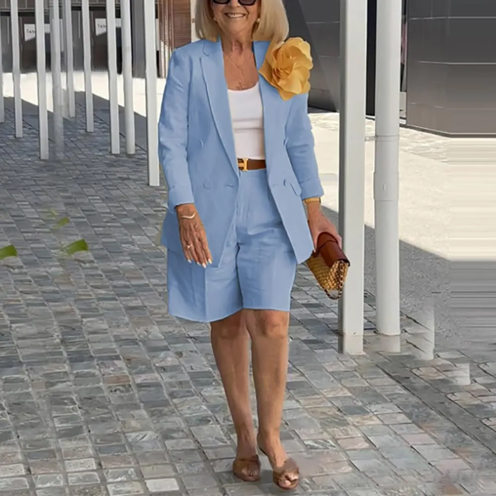 ZOCAVIA Womens Blazer Shorts Set Suit Set 2 Piece Dressy Short Sets Solid Open Front Long Sleeve Suit Jackets and Short Pants