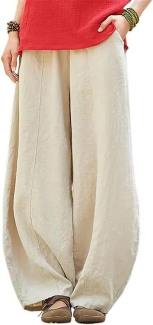 ZOCAVIA Women's Cotton Linen Pants Casual Elastic Waist Baggy Harem Pants Japanese Pants Loose Lantern Trouser with Pockets