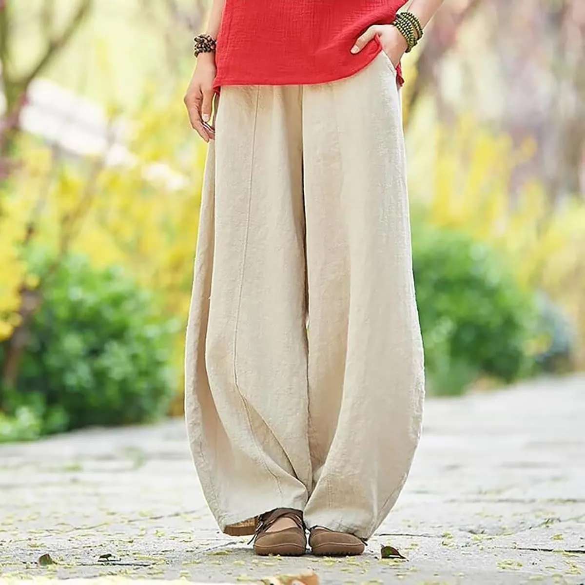 ZOCAVIA Women's Cotton Linen Pants Casual Elastic Waist Baggy Harem Pants Japanese Pants Loose Lantern Trouser with Pockets