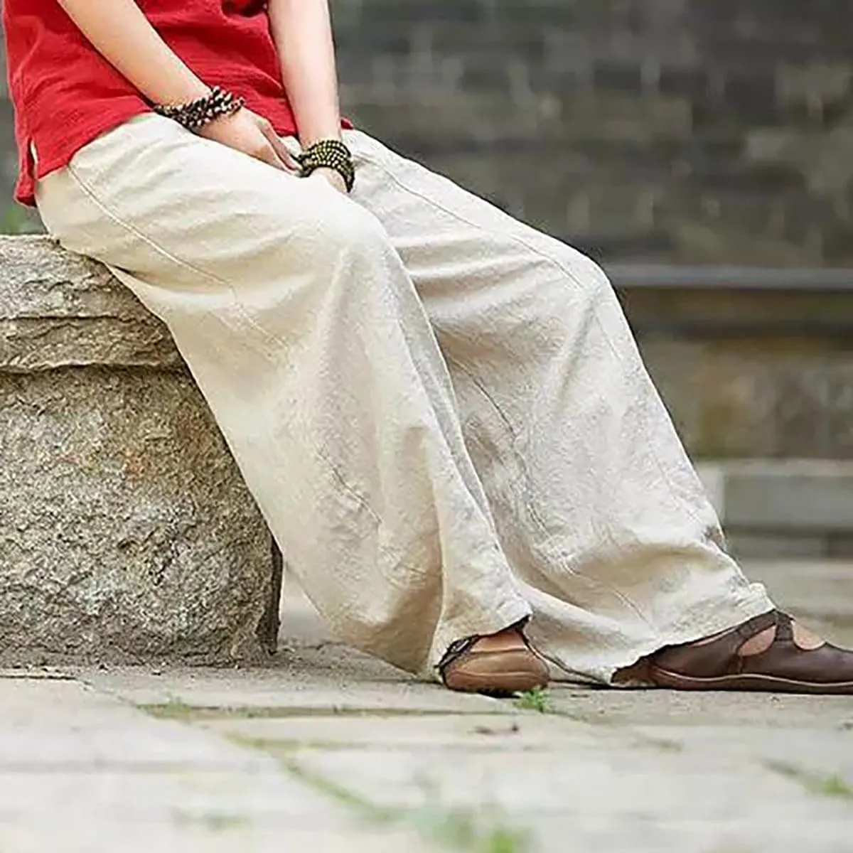 ZOCAVIA Women's Cotton Linen Pants Casual Elastic Waist Baggy Harem Pants Japanese Pants Loose Lantern Trouser with Pockets